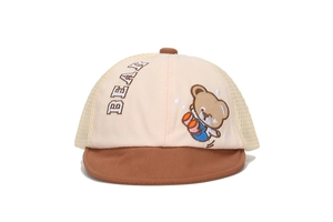 Detail of baby mesh baseball cap with cute embroidered cartoon bear and BEAR text