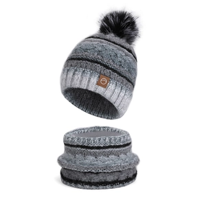 Ensemble bonnet en tricot et cache-col gris pour femme avec pompon en fausse fourrure