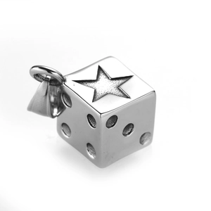 Men's stainless steel necklace with silver star pattern dice pendant on white background