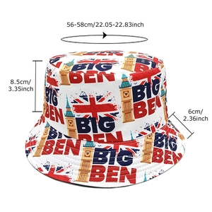 Retro London bucket hat with Union Jack and Big Ben print including size dimensions