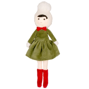 Nordic Christmas girl doll in green velvet dress and white plush hat for tree decoration