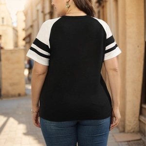Detail of raglan sleeves with double stripes on colorblock V-neck T-shirt for women