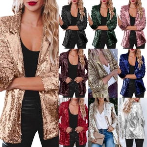 Women Casual Sequin Blazer Jacket Long Sleeve Shiny Glitter Top Slim Fit Mesh Cardigan Outerwear Party Evening Clubwear