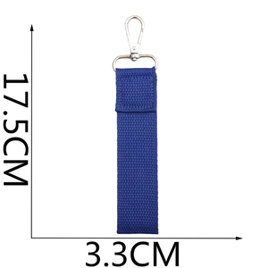 Blue woven keychain strap dimensions showing 17.5cm length and 3.3cm width with metal hook