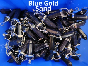 Stock pile of blue goldstone hexagonal prism pendants with polished silver metal clasps