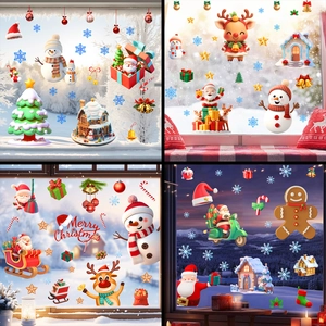 Christmas Window Clings Santa Claus Snowman Reindeer PVC Static Cling Stickers 3D Cartoon Holiday Home Decor For Glass