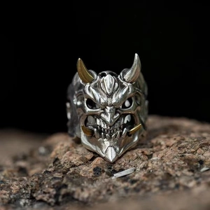 Dual-tone Prajna mask open ring with silver finish and golden horns for men and women