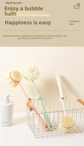 Dual-sided bath brush with soft nylon bristles and mesh sponge on long ergonomic handle