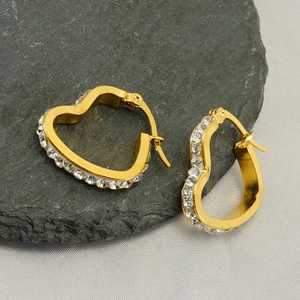 18k gold plated titanium steel heart earrings with white crystals on a stone plate