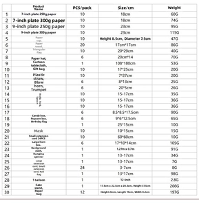 Detailed size specification chart for rainbow boho party plates cups and napkins set