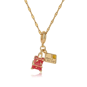 Gold geometry necklace with red suitcase and engraved envelope pendants on a white background