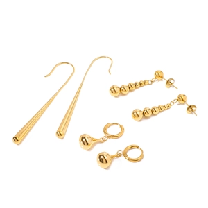 Three pairs of minimalist gold stainless steel teardrop and bead earrings on white background