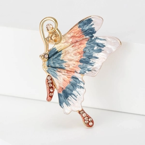 Elegant enamel butterfly brooch with pink and blue gradients and sparkling rhinestones