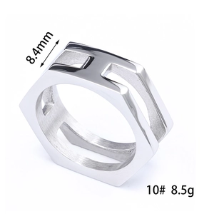 Polished silver hexagonal nut ring for men made of stainless steel with 8.4mm width