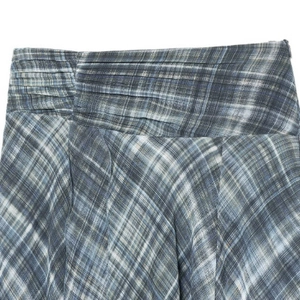 Fashionable asymmetric plaid midi skirt for women in blue grey and white checkered fabric