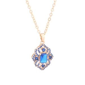 Luxurious rose gold necklace with a hollow rhombus pendant and rectangular blue zircon