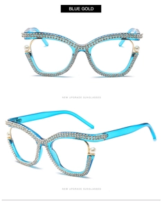 Detailed view of blue cat-eye glasses frame with rhinestones and faux pearl accents