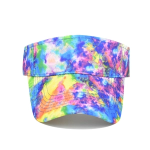 Detail view of colorful tie-dye patterns and reinforced stitching on the sun visor brim