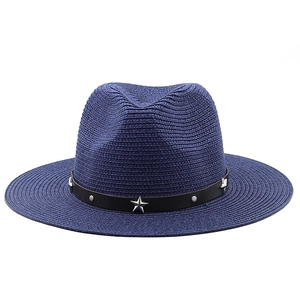 Dark blue wide brim western cowboy straw hat with leather star rivet band for women