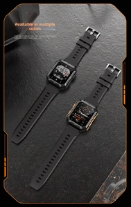 Detail of C20PRO outdoor rugged smartwatch with sport data display and black silicone strap