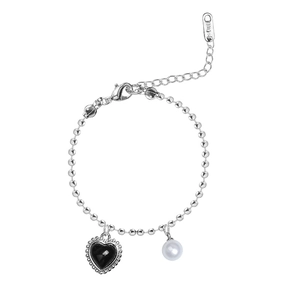 Hip hop vintage silver beaded bracelet with black heart stone and pearl detail