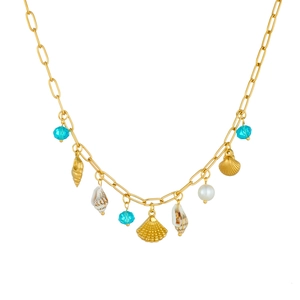 Gold stainless steel ocean necklace with blue beads and natural sea shell charms