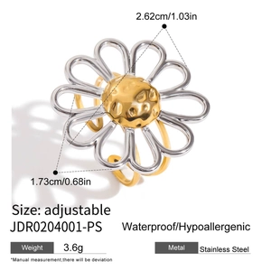 Macro view of adjustable daisy flower ring with silver petals and golden center
