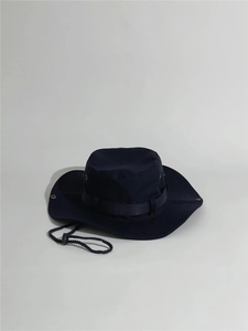 Close-up of navy blue outdoor sun hat featuring windproof drawstring and metal eyelets