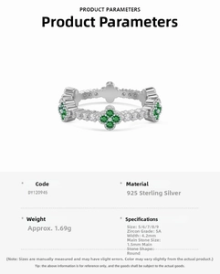 Detail view of S925 sterling silver ring with green zircon four-leaf clover design and measurements