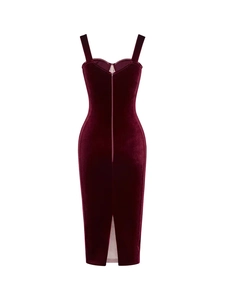 Detail of the back hidden zipper closure on a burgundy velvet party dress