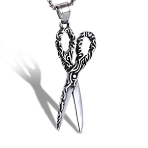 Vintage silver engraved scissor pendant on a bead chain necklace for men in stainless steel
