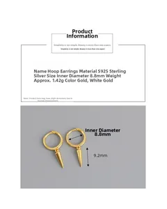 Detailed macro view showing S925 sterling silver cone earrings dimensions and gold plating