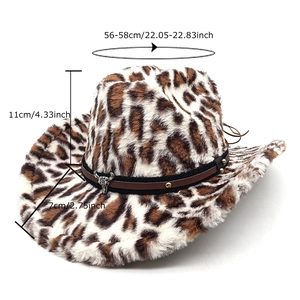 Leopard print plush western cowboy hat with brown leather band and silver bull buckle
