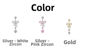 Detailed comparison of bow and heart navel rings in silver and gold with cubic zirconia