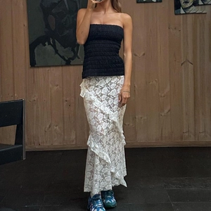 Women's summer sheer lace maxi skirt with ruffle design and black tube top set