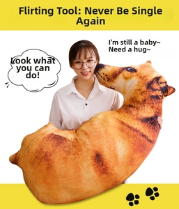 Close-up of a large 3D lifelike Shiba Inu dog plush pillow held by a person