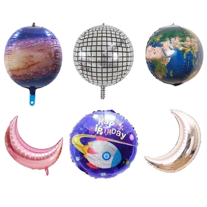 Space themed birthday party foil balloon set featuring rocket, earth and moon shapes
