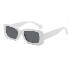 Modern rectangular sunglasses with bold white frames and dark grey UV lenses for style