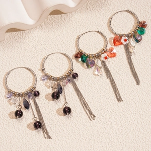 Bohemian style crystal hoop earrings with metal tassels and colorful floral charms
