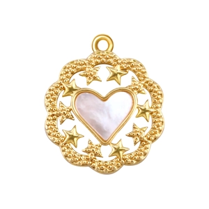 Detailed view of a gold-plated flower pendant with a white heart-shaped shell inlay