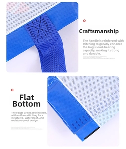 Detail of reinforced cross-stitched handles and waterproof bottom on blue non-woven bag