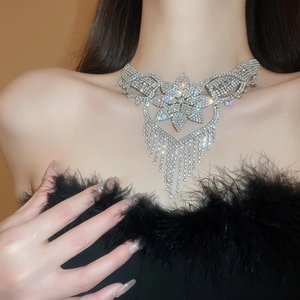Detailed view of luxury silver floral choker necklace with sparkling tassel fringe