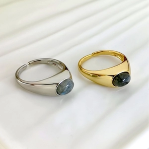 Natural Labradorite Oval Stone Adjustable Open Ring Vintage Minimalist Copper Jewelry For Women