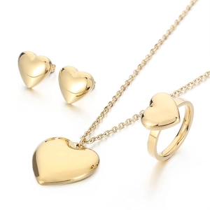 Heart Necklace Earrings And Ring 18K Gold Plated Stainless Steel Polished Elegant Minimalist Fashion For Women