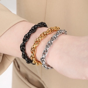 Men's hip hop titanium steel twist chain bracelet in gold silver and black finishes