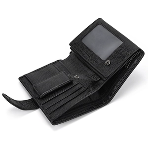 Detailed view of black genuine leather wallet with ID window, card slots and coin pocket