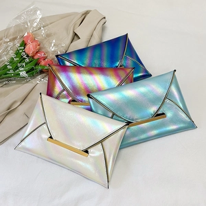 Laser iridescent envelope clutch bags in four colors with gold metal trim for women