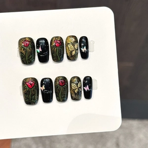 Handgefertigte Künstliche Fingernägel Schwarz Gold Glitzer Rote Rose Schmetterling Muster Wiederverwendbar Quadratisch Lang DIY Maniküre
