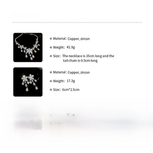 Detailed size and material specs for the zircon flower necklace and earrings set