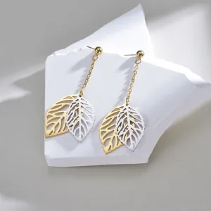 Vintage Stainless Steel Hollow Leaf Tassel Drop Earrings For Women Gold Silver Plated Geometric Plant Jewelry Accessories